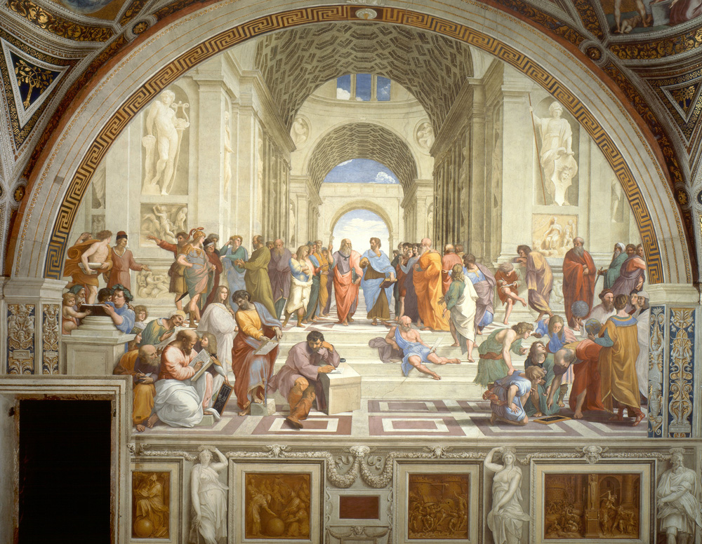 سقراط در وسط نقاشی درحال مناظره، نقاشی دیواری مشهور «رافائل» به نام مدرسه آتن 